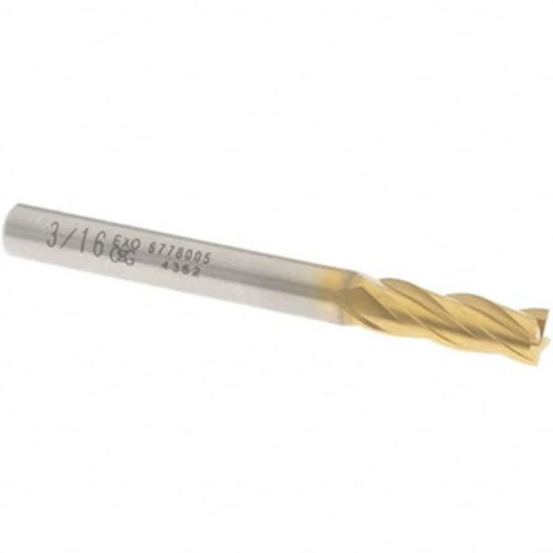 OSG 3/16, 1/2 LOC, 3/16 Shank Diam, 1-7/8 OAL, 4 Flute, Powdered Metal Square End Mill Single End, TiN Finish, Spiral...
